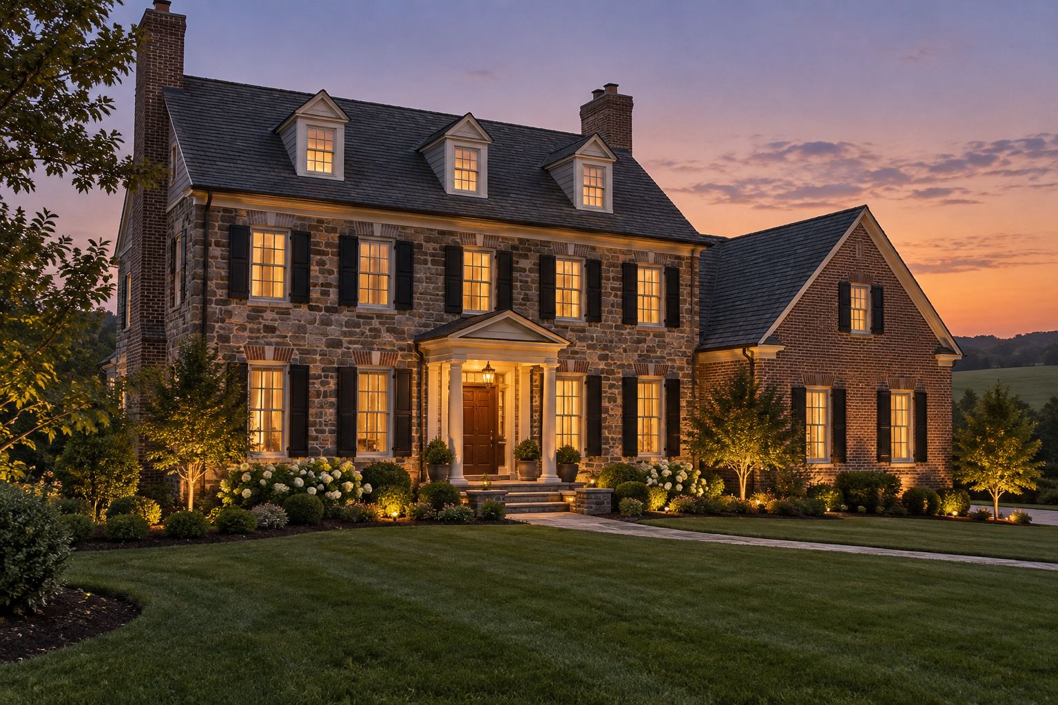 A Pennsylvania home exterior at dusk, illustrative