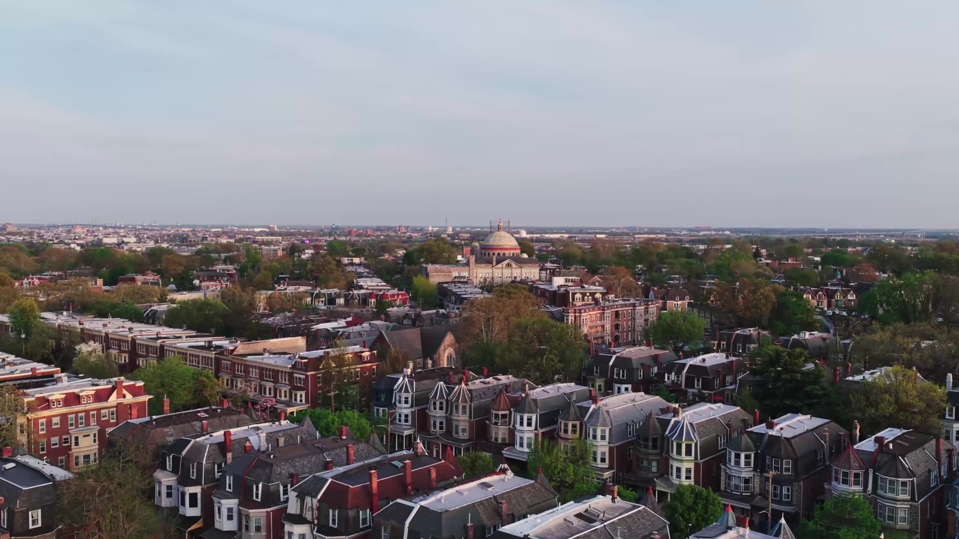 Aerial view of Philadelphia rowhome neighborhoods at golden hour
